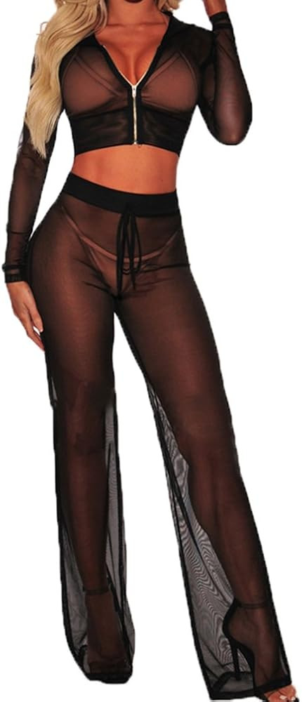 Women See Through Sheer Mesh Bandage Two Piece Bikini Cover Up Hoodie Crop Tops and Legging Pants | Amazon (US)