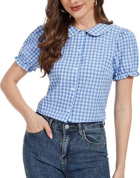 MINTLIMIT Women's Gingham Blouse 2025 Plaid Top Short Sleeve Button Down Peter Pan Collar Shirt | Amazon (US)