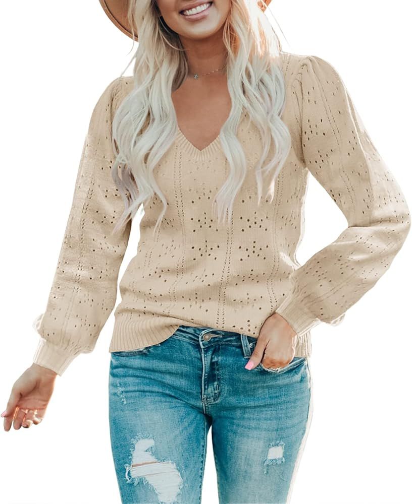 Foshow Womens Fall Puff Long Sleeve Pullover Sweaters Tops Soft Dot Crew Neck Shirt Lightweight H... | Amazon (US)
