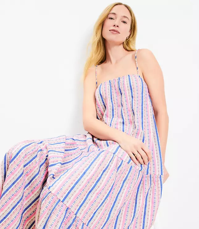 LOFT Beach Dobby Stripe Square Neck Tiered Maxi Dress | LOFT