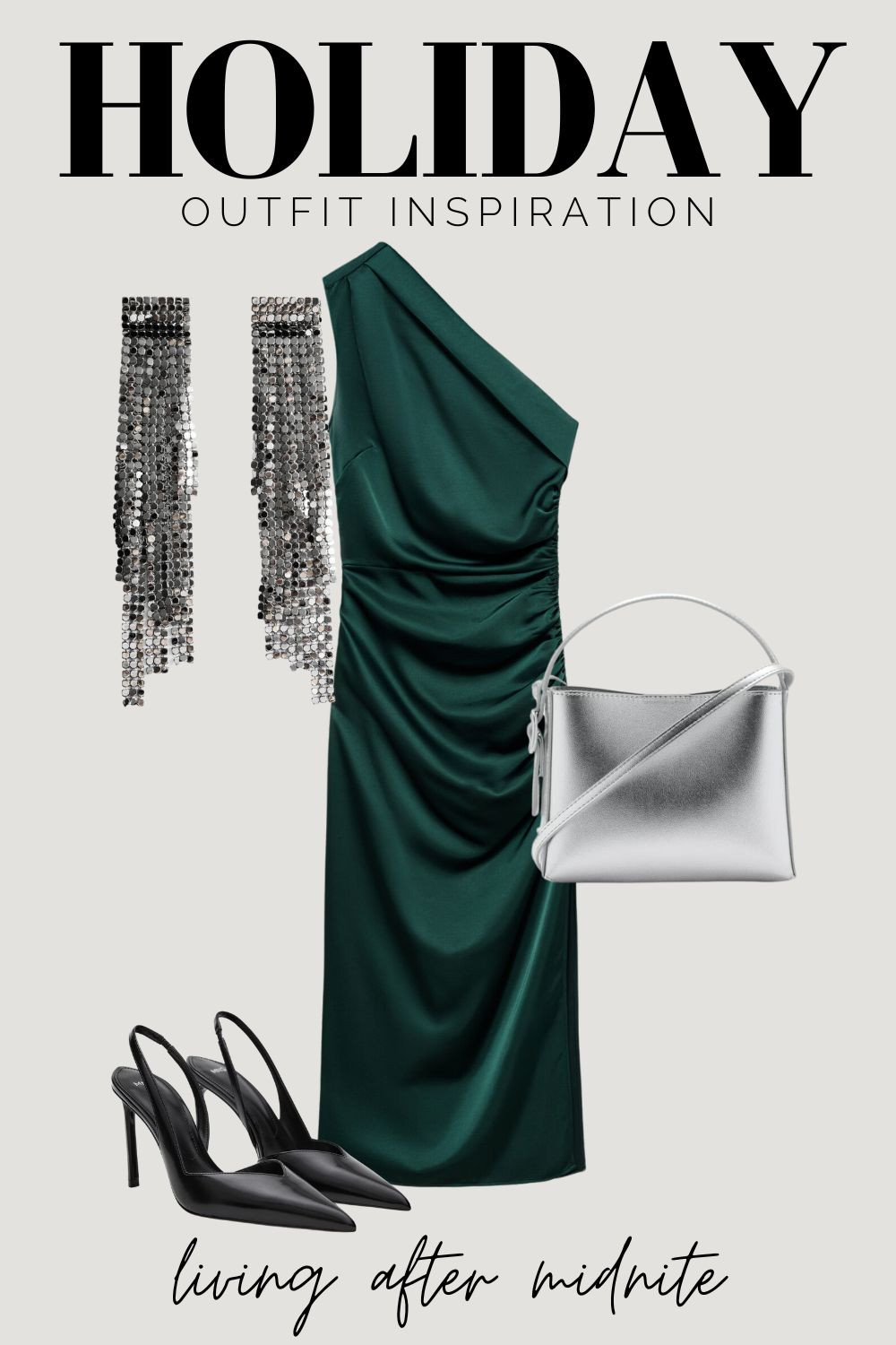 Holiday party outfit with green one shoulder midi dress! Holiday outfits, christmas outfits, mango 

 #LTKHoliday #LTKSeasonal #LTKStyleTip