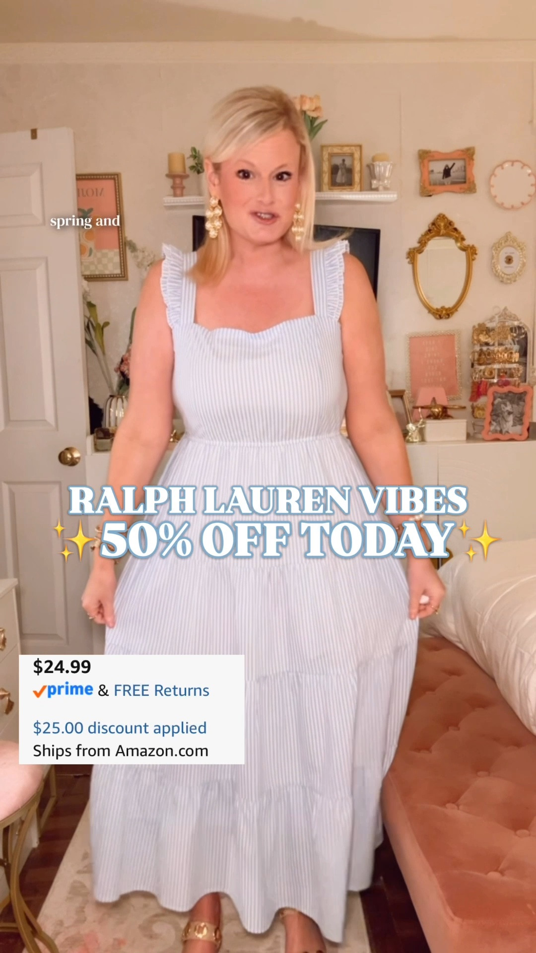 Use promo code IGP4RDN5 at Amazon checkout for 50% off today.

Ralph Lauren inspired dress | blue striped maxi dress | Fourth of July outfit | Amazon summer dress | seersucker style dress

This blue and white striped Amazon maxi has that Ralph Lauren summer dress energy without the Ralph Lauren price tag.

The square neckline, ruffle straps, smocked bodice, vertical blue stripes, full tiered maxi skirt, and easy breezy shape make it feel classic, coastal, and very Fourth of July without looking like a costume.

I’m in a large. I sized up for more room through the chest.

This is the dress you buy for the summer plans that need one easy outfit: Fourth of July weekend, fireworks, beach vacations, lake weekends, resort dinners, summer brunch, baby showers, casual wedding guest plans, church, family photos, vacation dinners, beach town shopping, and warm-weather weekends.

The blue stripe gives it that seersucker-style, preppy coastal look. The smocked bodice keeps it comfortable. The tiered skirt gives it movement. Add white sandals, raffia slides, gold hoops, a straw bag, pearl earrings, wedges, or a denim jacket and the outfit is done.

Ralph Lauren inspired dress, Ralph Lauren look for less, blue striped maxi dress, blue and white striped dress, striped maxi dress women, Amazon summer dress, Amazon dress find, seersucker dress, seersucker style dress, smocked maxi dress, square neck dress, ruffle strap dress, tiered maxi dress, summer dress, summer dresses women, summer outfit, Fourth of July outfit, 4th of July outfit women, July 4th dress, red white and blue outfit, vacation dress, beach vacation outfit, resort dress, coastal style, preppy summer dress, designer look for less

#LTKFindsUnder50 #AmazonDailyDeals #RalphLauren #SummerDress #SummerOutfit #PreppyStyle #LookForLess

#LTKSeasonal #LTKSaleAlert #LTKootd