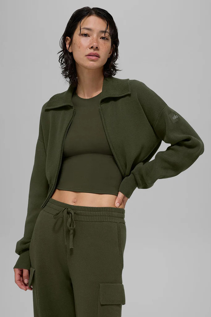 Scholar Knit Cropped Full Zip Jacket - Green Olive | Alo Yoga (US)
