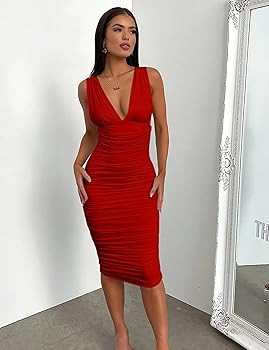 BEAGIMEG Women's Sexy Elegant Sleeveless Deep V Ruched Thick Straps Low Back Cocktail Evening Par... | Amazon (US)