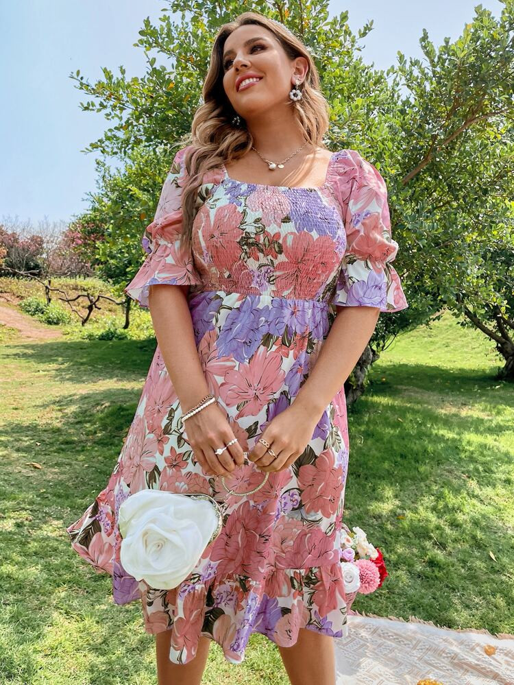 Plus Allover Floral Print Shirred Dress | SHEIN