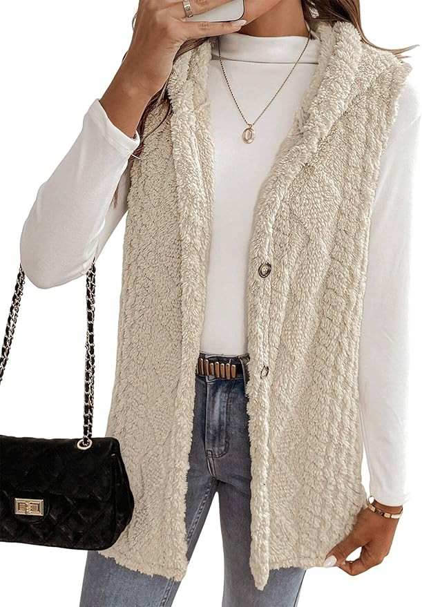ZAFUL Long Vest for Women Sleeveless Button Down Plush Hooded Vest Winter Outerwear Vest Coat | Amazon (US)
