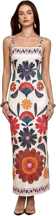 Floerns Women's Tropical Bow Tie Back Long Dress Sleeveless Split Vacation Maxi Dress | Amazon (US)