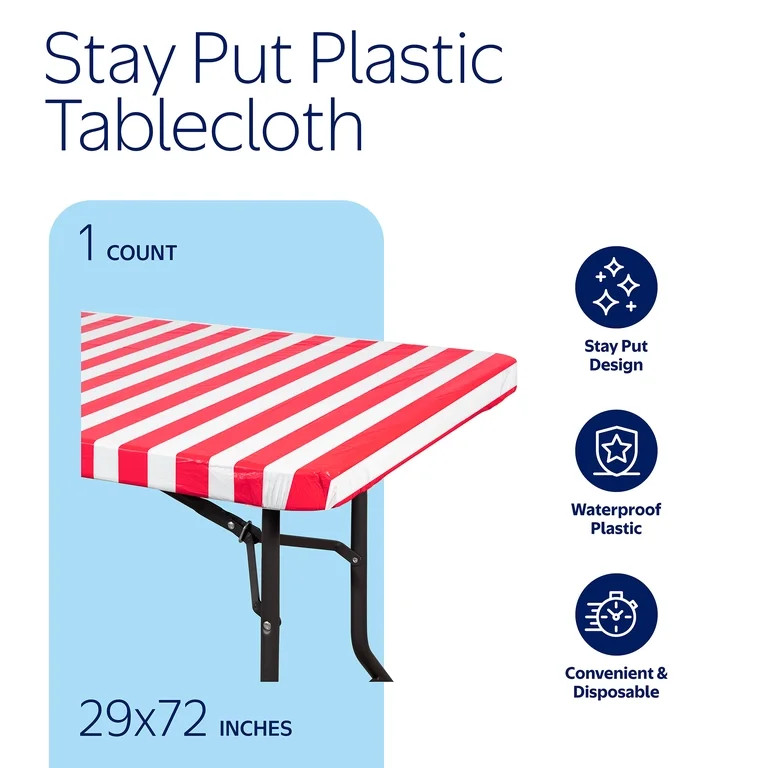 Way to Celebrate Patriotic Red and White Striped Stay Put Table Cover, 29" x 72" | Walmart (US)