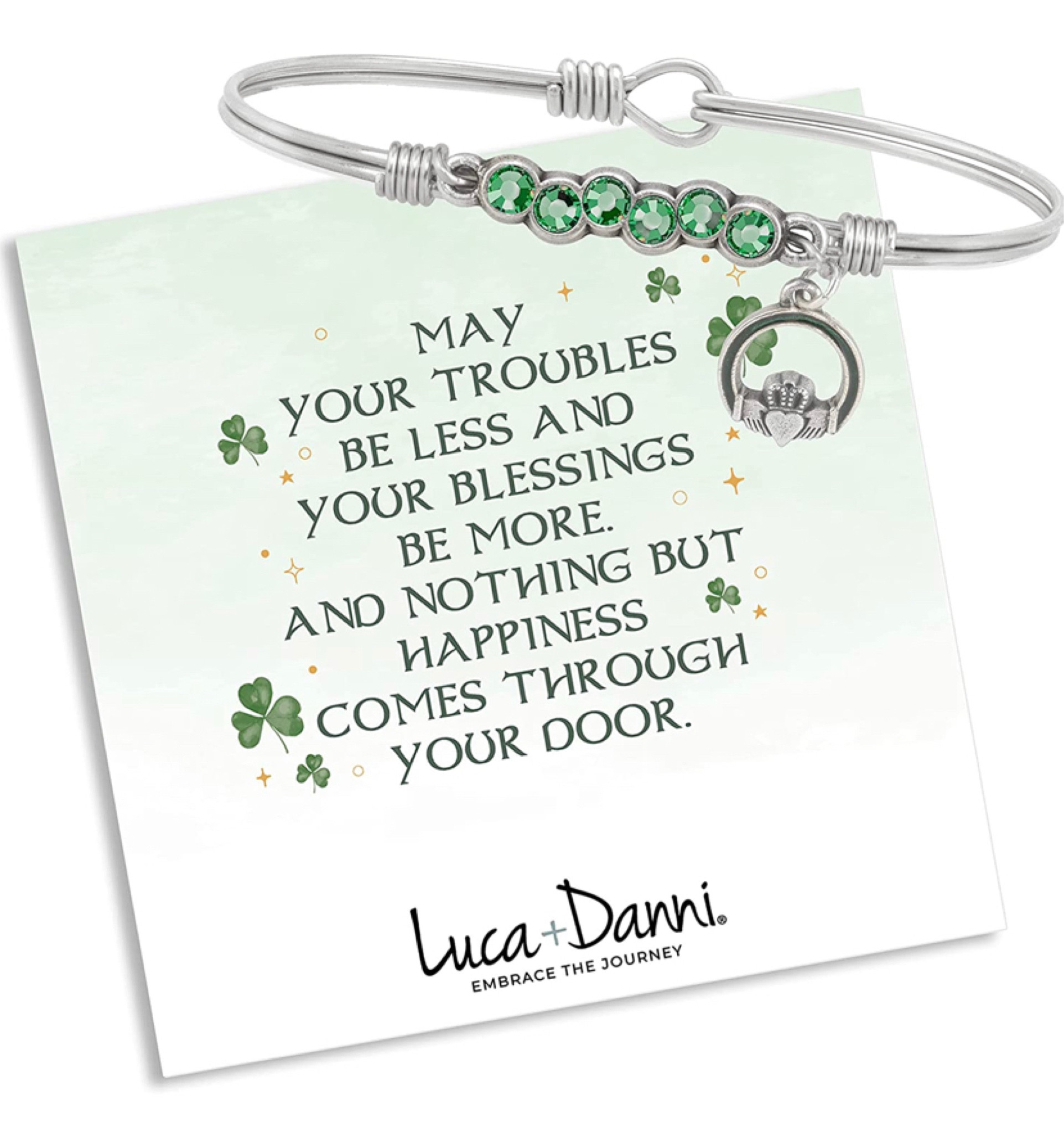 Luca + Danni Claddagh Starlight Bangle Bracelet.  A little piece of the old country, delivered with all-new charm. With green crystals that could put a twinkle in anyone's eye and a dangling claddagh charm representing loyalty, friendship + love, this bangle creates a quaint sense of style that’s as lovely as rolling hills. 

#irish #celtic #lucaanddanni #madeintheusa

#LTKU #LTKFind #LTKstyletip