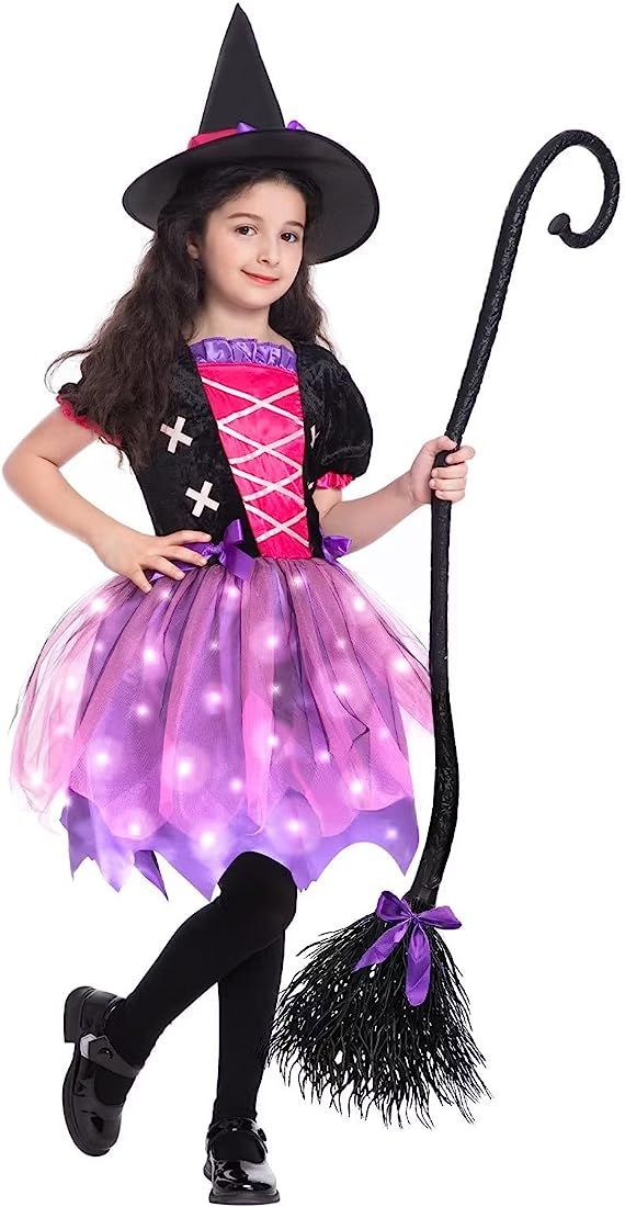 Halloween Witch Costume for Girls, Light Up Toddler Witch Dress with Hat and Broom for Halloween Kid | Amazon (US)