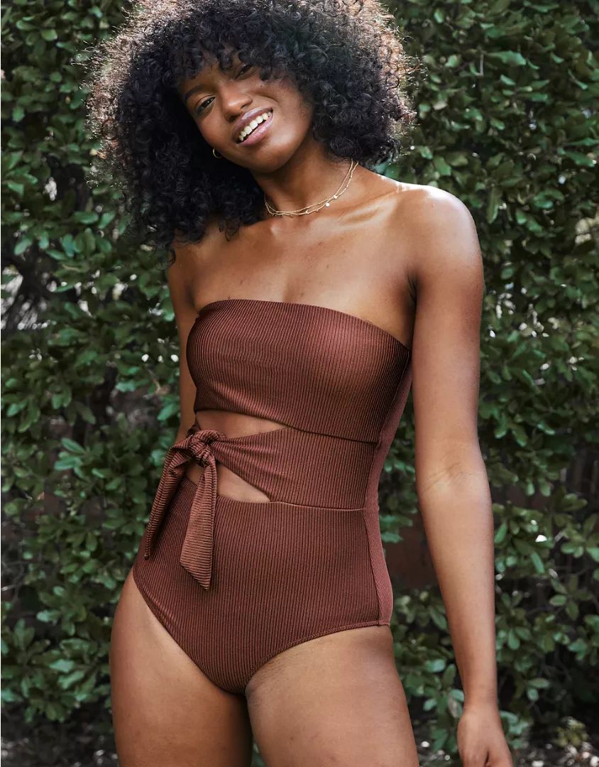 Aerie Ribbed Shine Wrap Strapless One Piece Swimsuit | American Eagle Outfitters (US & CA)