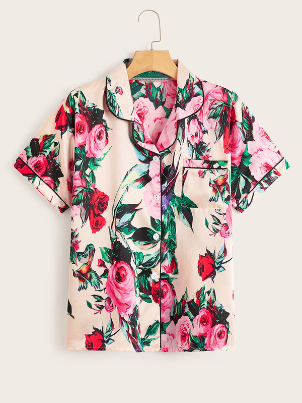 Floral Print Button-up Satin PJ Set | SHEIN