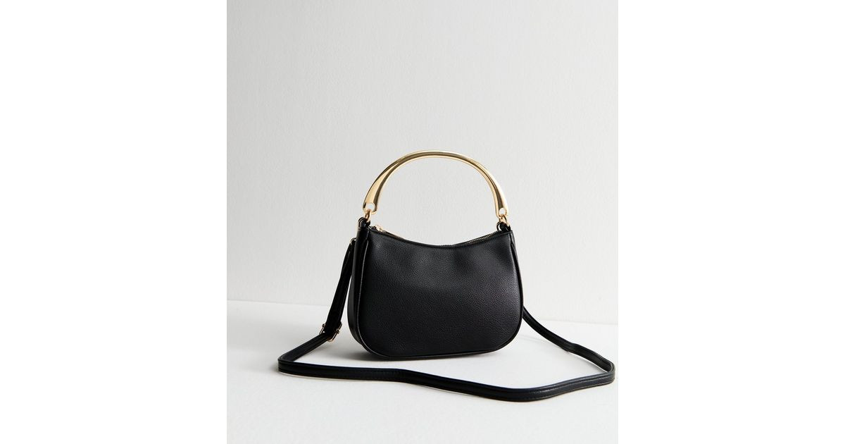 Black Metal Handle Faux Leather Clutch Bag  | New Look | New Look (UK)