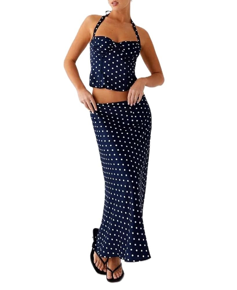 Women Polka Dot Skirts Set Sleeveless Halter Neck Slim Fit Crop Top Bodycon Maxi Skirt Sets Summe... | Amazon (US)