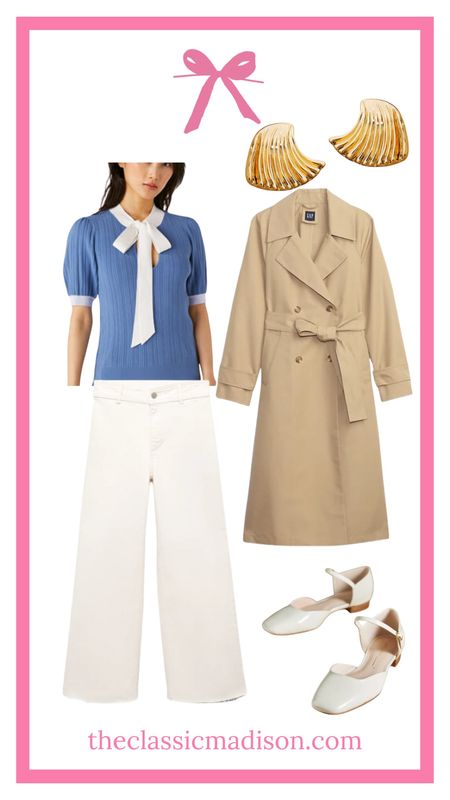 Blue bow sweater, classic trench coat, spring outfit inspo