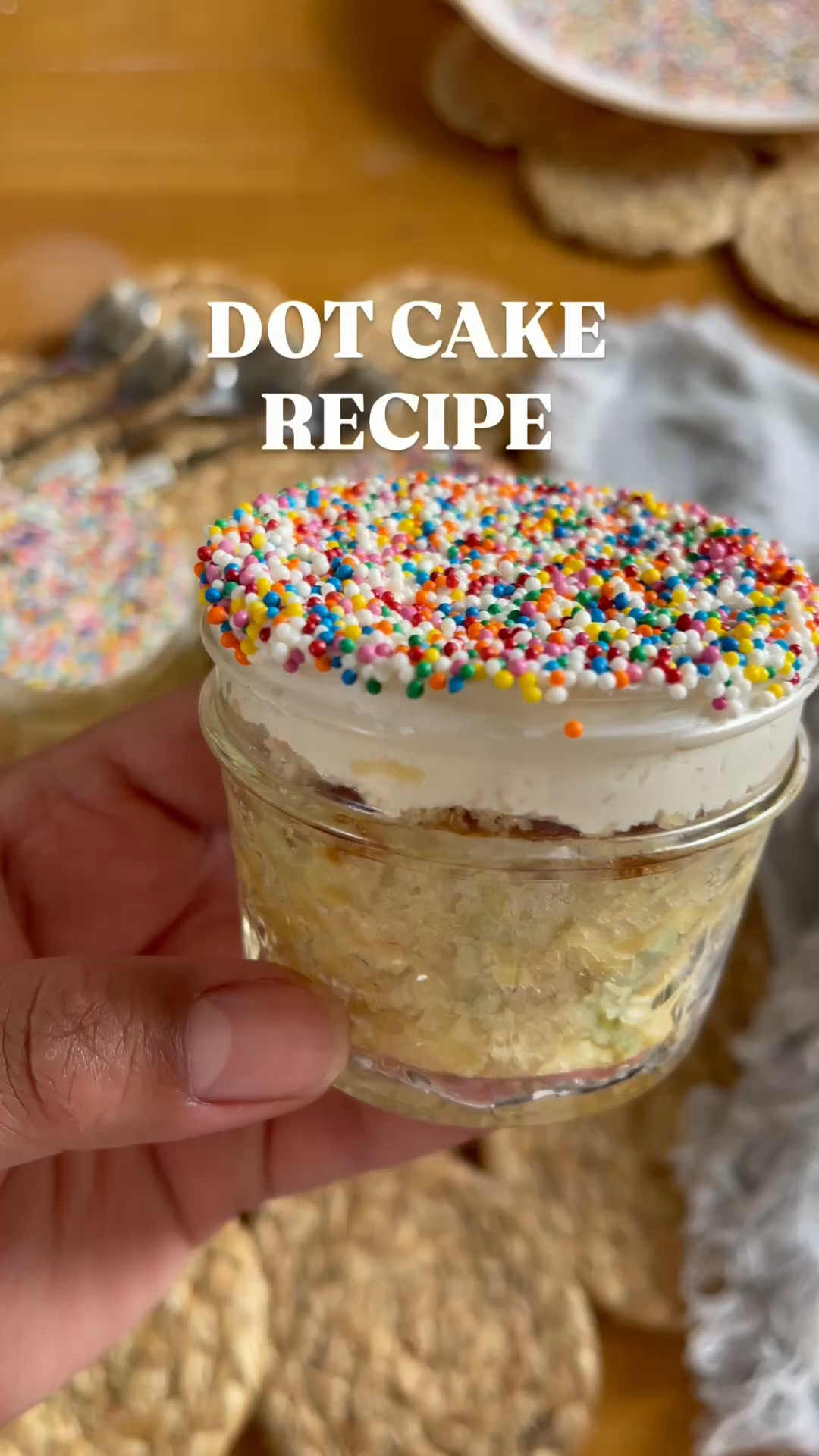 DOT CAKE RECIPE:

1¾ cups all-purpose flour
½ teaspoon baking soda
½ teaspoon baking powder
½ teaspoon fine sea salt
½ cup salted butter softened
1¼ cups granulated sugar
2 eggs
½ cup sour cream
1 cup whole milk
¼ cup olive oil
2 teaspoons pure vanilla extract

Bake 350 degrees F.
25-30 minutes (tip: use toothpick to check) 

Enjoy! 


Vanilla Buttercream frosting
1 cup salted butter 
1 Tablespoon pure vanilla extract
⅛ teaspoon fine sea salt
4 cups powdered sugar
¼ cup whole milk

Beat until smooth and fluffy!

ENJOY!