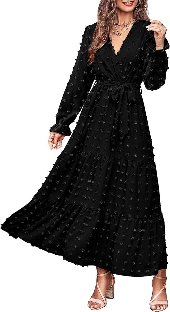 MASCOMODA Fall Dresses for Women 2023 Casual Swiss Dot V Neck Long Sleeve Maxi Dress Belted Long ... | Amazon (US)