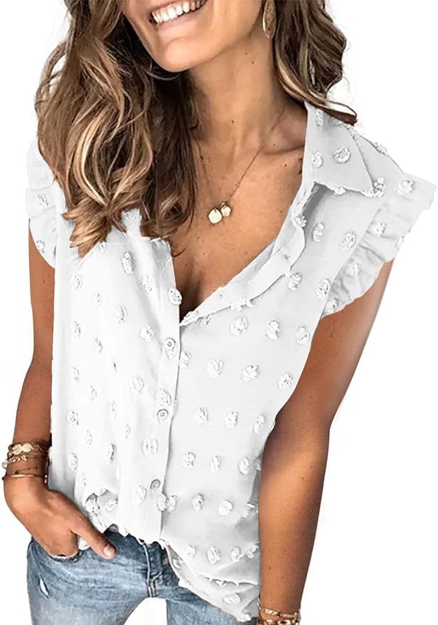 Sidefeel Womens V Neck Chiffon Blouse Pom Pom Long Sleeve Button Shirt Tops | Amazon (US)