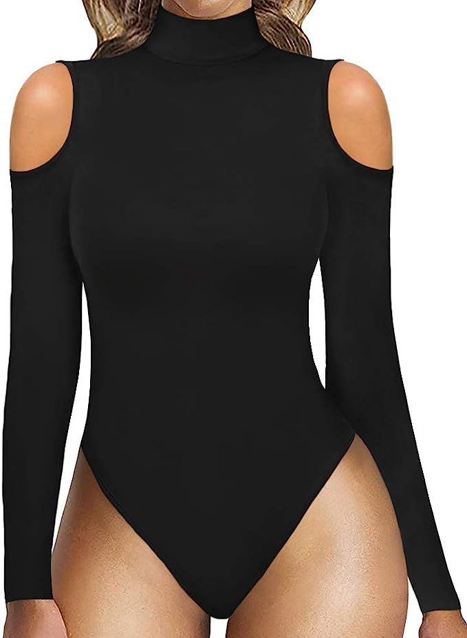 MANGOPOP Womens Mock Turtle Neck Cold Shoulder/Double Lined Long Sleeve Bodysuit Tops Jumpsuit | Amazon (US)