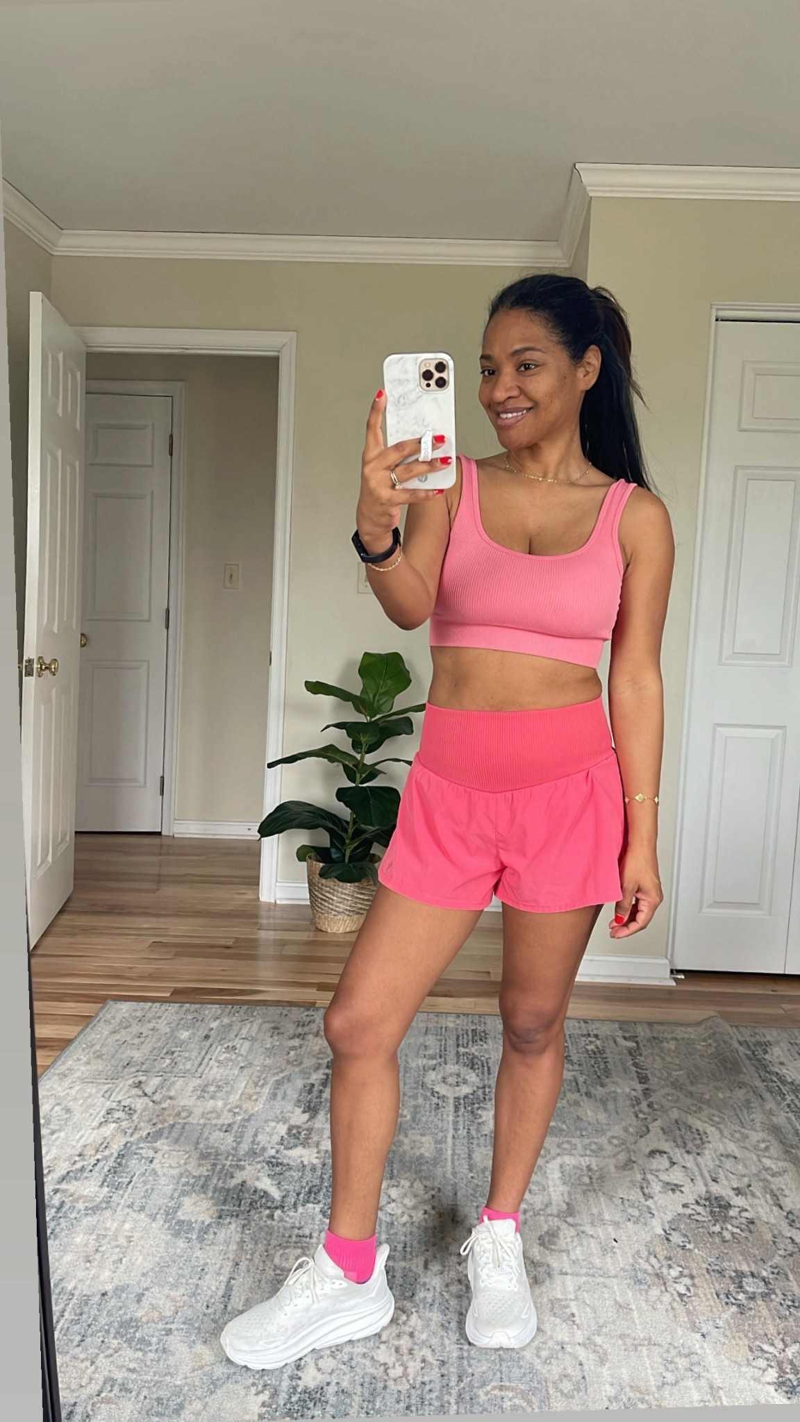 Friday walk fit! Wearing a medium in sports bra (part of a three piece set). Shorts are a medium. My exact color isn’t in stock but linking similar colors  

#LTKActive #LTKOver40 #LTKootd