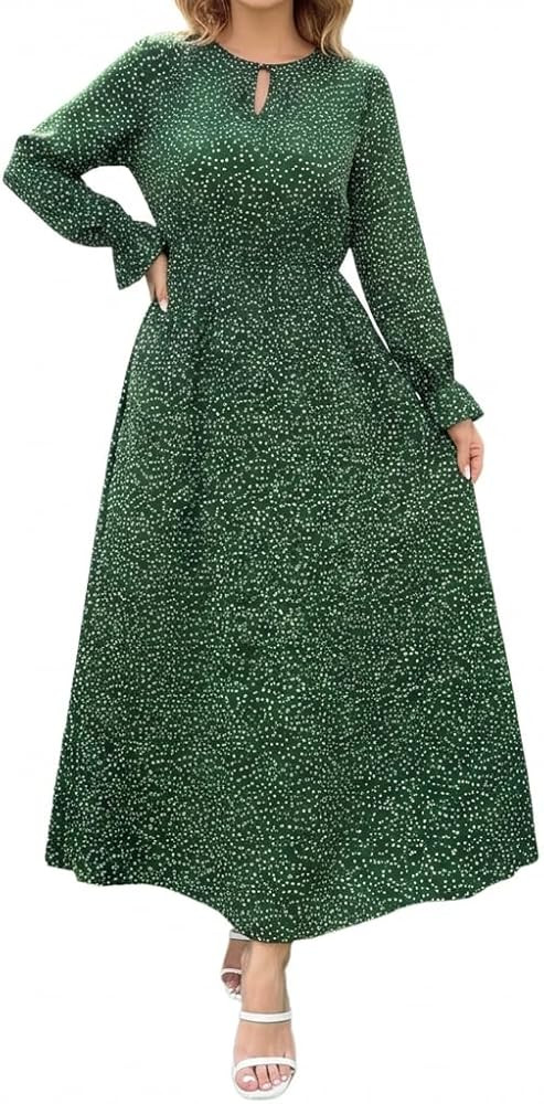 Women's Polka Dot Maxi Dress Long Sleeve Keyhole Neck Casual Loose Fit Flowy Spring Elegant Dress | Amazon (US)