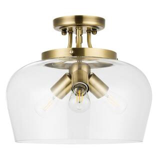 11 in. 3-Light Antique Brass Semi-Flush Mount Ceiling Light with Glass Shade | The Home Depot