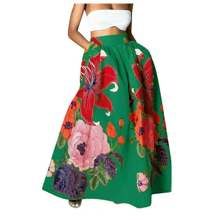 Women Fashion Floral Print Skirt Elastic High Waist Party Beach Long Maxi Skirt with Big Pocket Mid-length A-line Skirt PLM01 | Walmart (US)