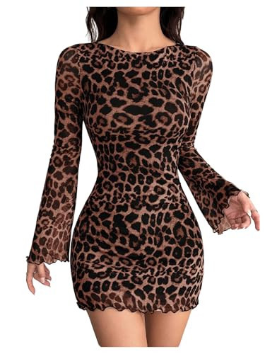 GORGLITTER Women's Cheetah Leopard Animal Print Dress Y2k Backless Mesh Long Sleeve Bodycon Mini Dresses Petite Brown Petite XS | Amazon (US)