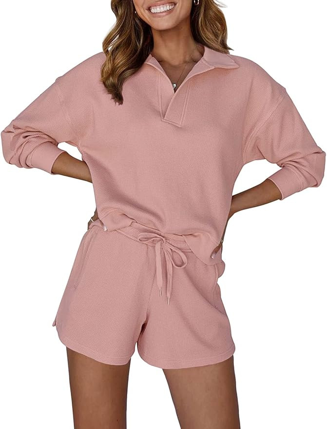 MEROKEETY Women's 2 Piece Waffle Knit Lounge Sets Long Sleeve Shorts Outfits Pjs with Pockets | Amazon (US)