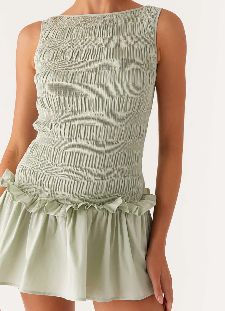 Garden Kisses Shirred Mini Dress - Sage | Peppermayo (Global)