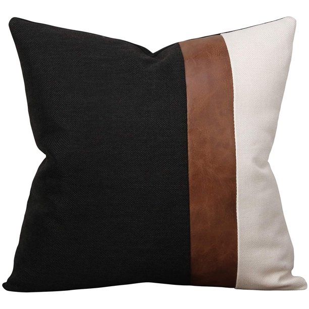 Faux Leather and Linen Throw Pillow Cover 18x18 Inch Black and White Modern Decorative Accent Cus... | Walmart (US)