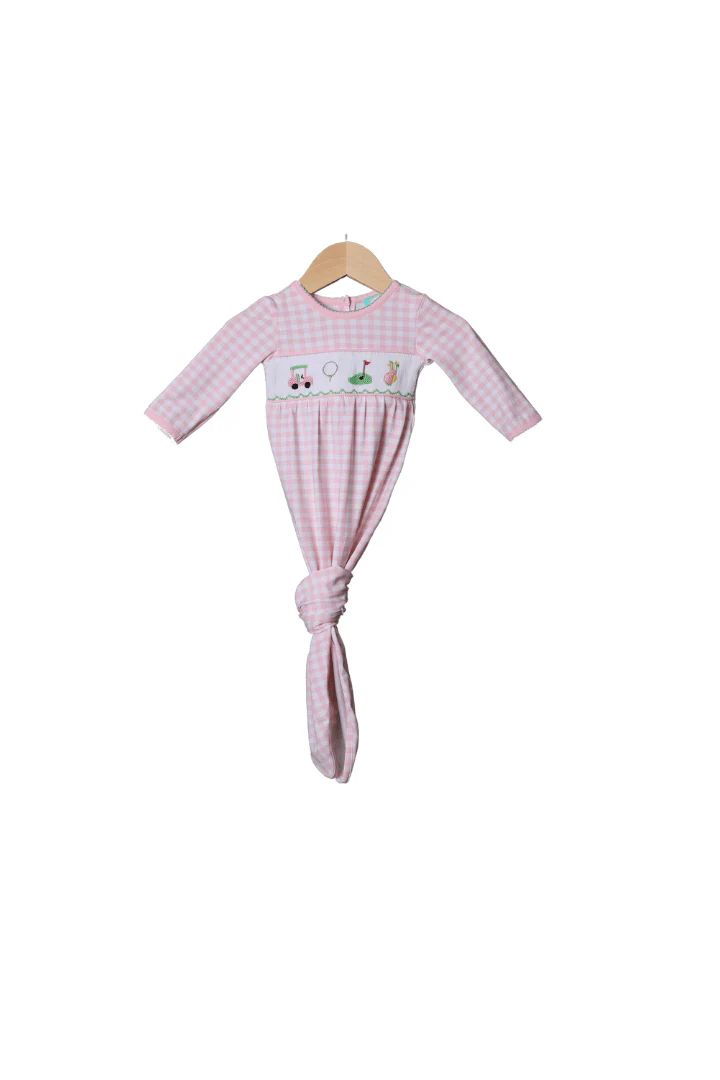 Smocked Hole in One Pink Gingham Knit Gown | The Smocked Flamingo