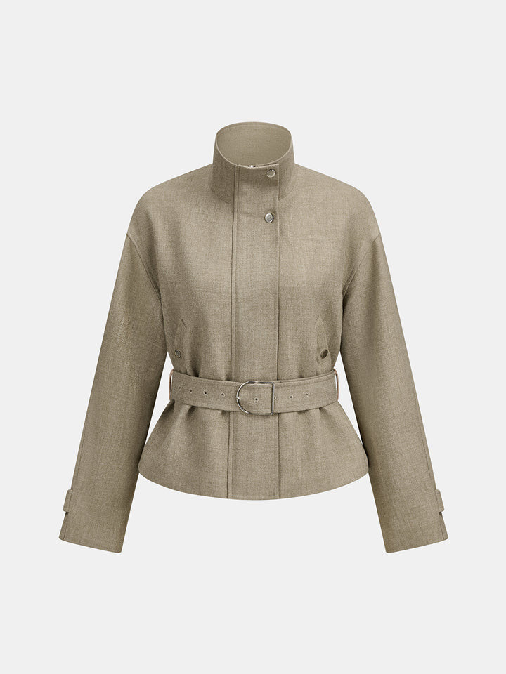 Textured Tweed Stand Collar Belted Jacket | Commense
