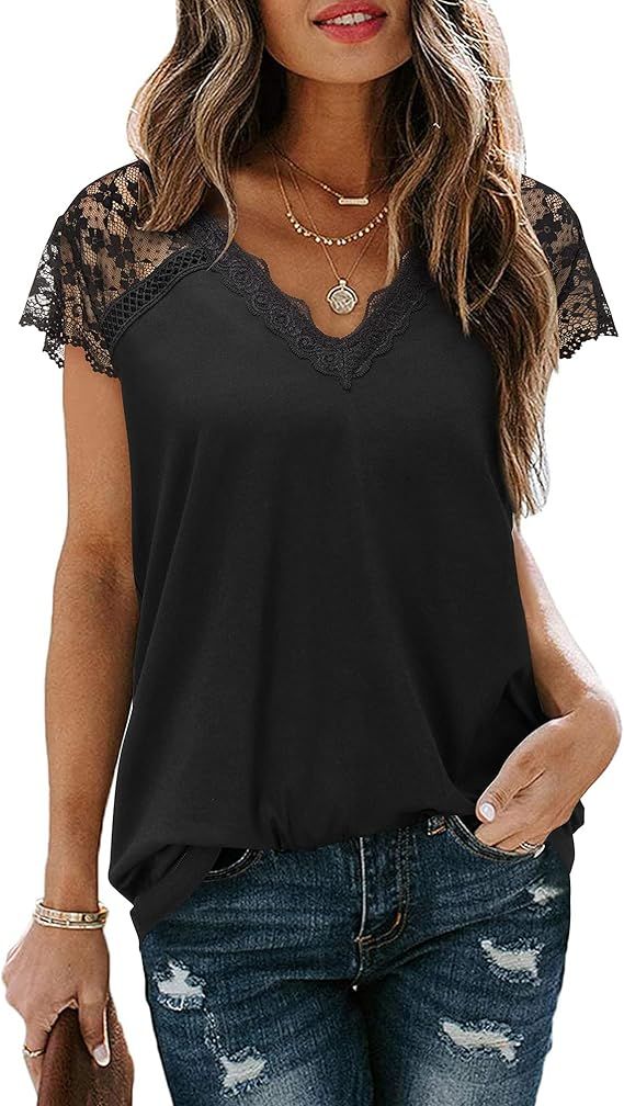 LAISHEN Women's V Neck Lace Trim Tank Tops Casual Loose Summer Sleeveless Blouse Shirts | Amazon (US)