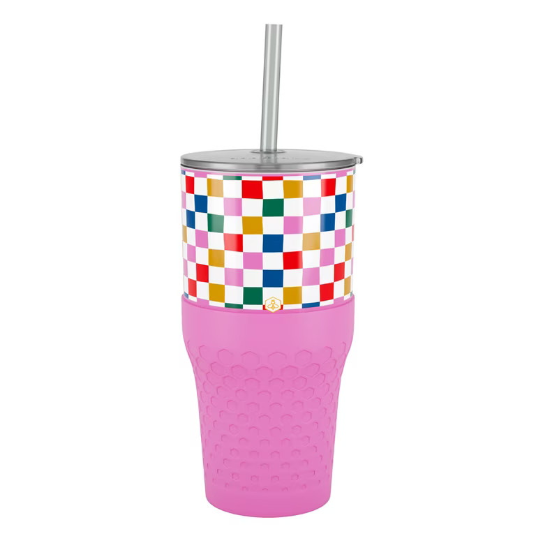 Biddlebee 30oz Insulated Stainless Steel Tumbler with Straw and Silicone Boot, Happy Check | Walmart (US)