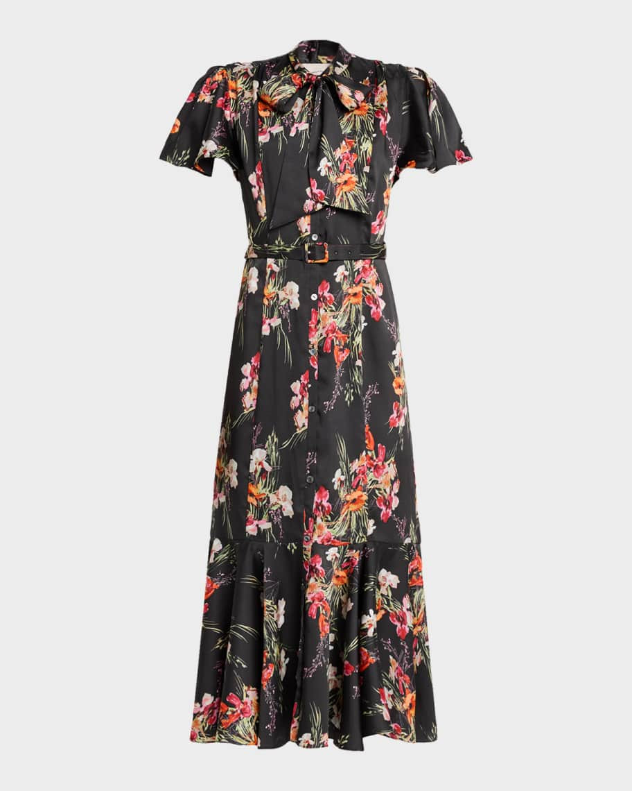 Willow Satin Iris Bouquet Midi Dress | Neiman Marcus