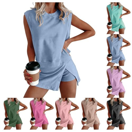 Fuznidqimm Skort Sets for Women Wash Cotton Tank Top Matching Lined Split Athletic Skirt Set Summer Lounge Set Travel Outfits | Amazon (US)