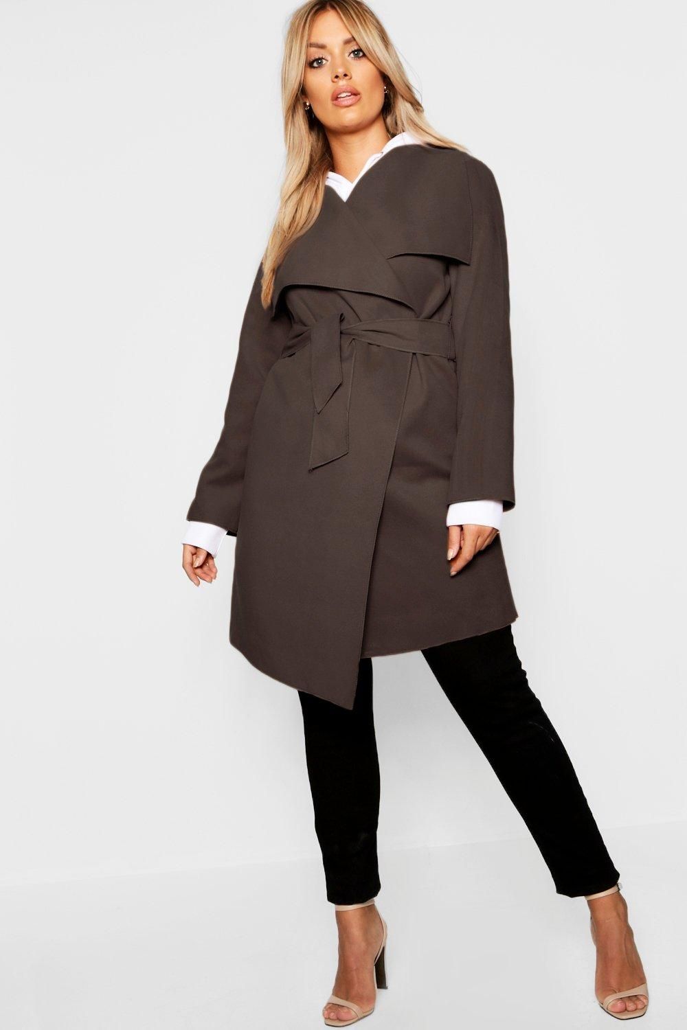 Womens Plus Wool Look Wrap Front Coat - Brown - 20 | Boohoo.com (US & CA)