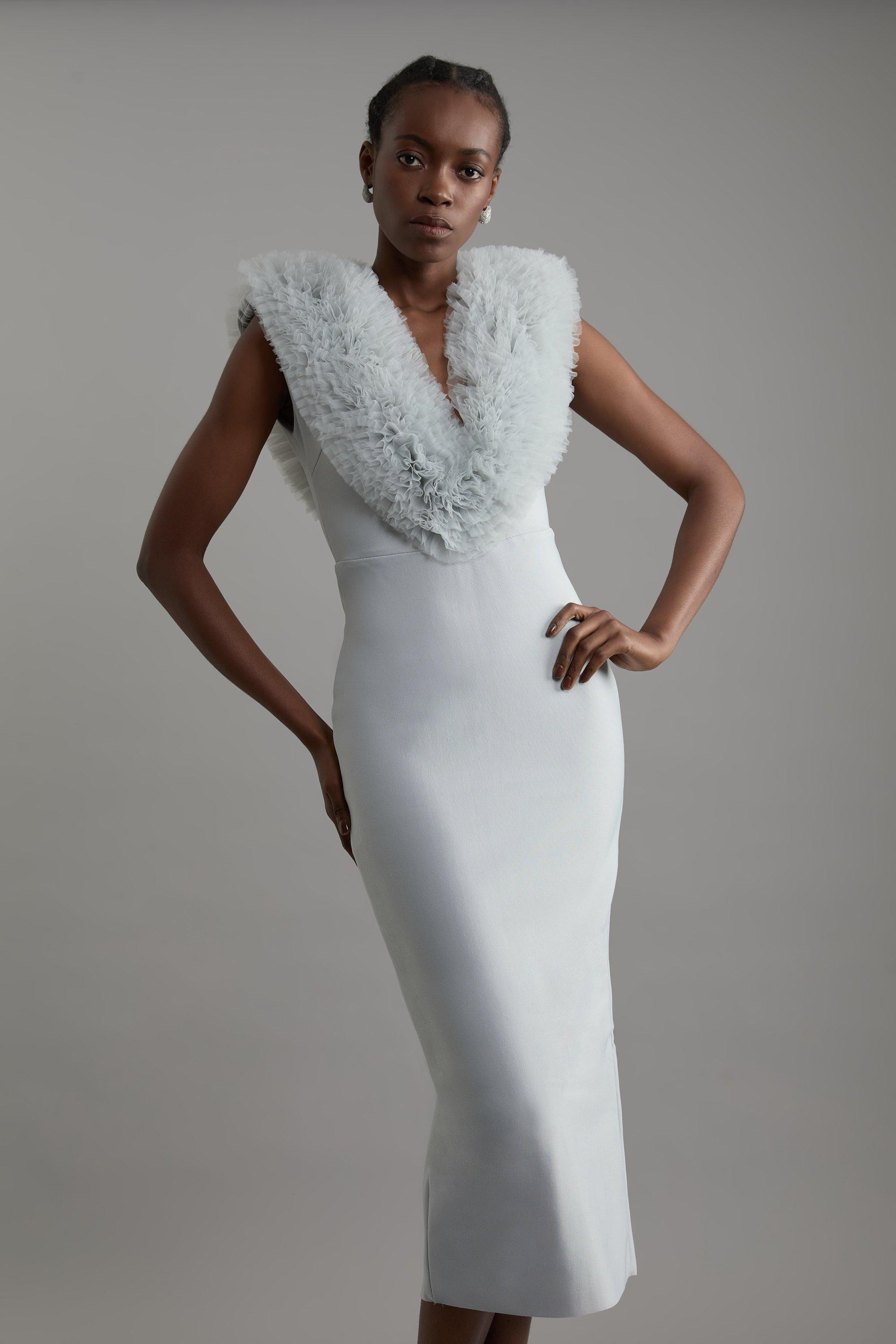 Figure Form Bandage Knit Tulle Detail Midi Dress | Karen Millen UK + IE + DE + NL