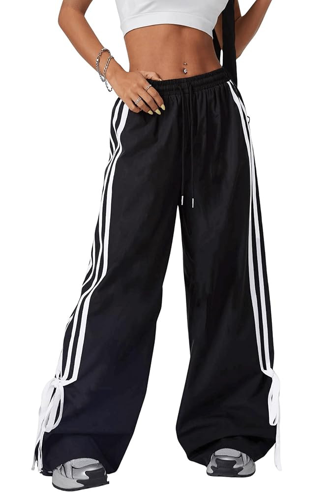 Women's Y2K Baggy Bow Wide Leg Pants Striped Track Elastic Waist Long Sweatpants Parachute Pants | Amazon (US)