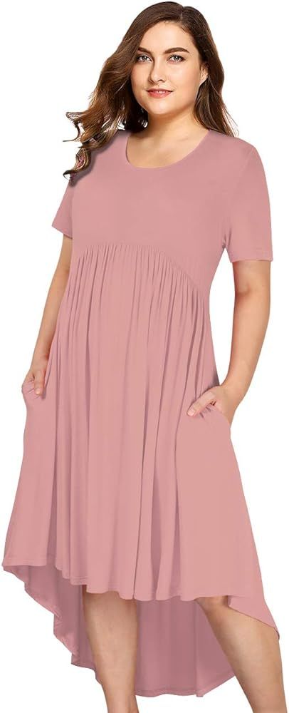 Women's Plus Size Dresses Scoop Neck Flowly Pleated Tunic Midi Casual Polka Dots Dress with Pocke... | Amazon (US)