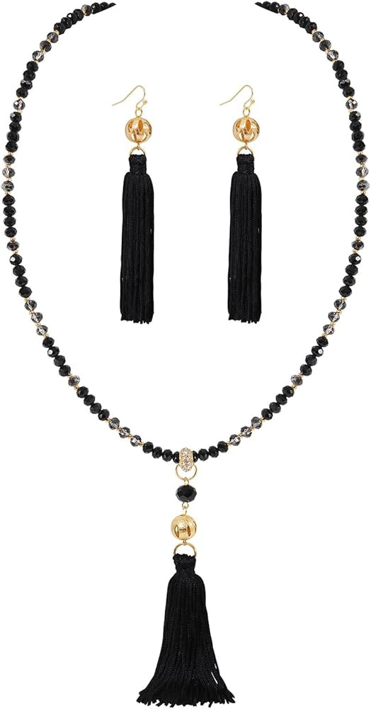 Long Beaded Statement Necklace with Tassel for Women Colorful Fashion Jewelry Set 33 inches | Amazon (US)
