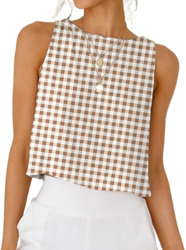 IDEALSANXUN Womens Gingham Tank Tops Spring Summer Casual Crop Cotton Sleeveless Shirts Blouses | Amazon (US)