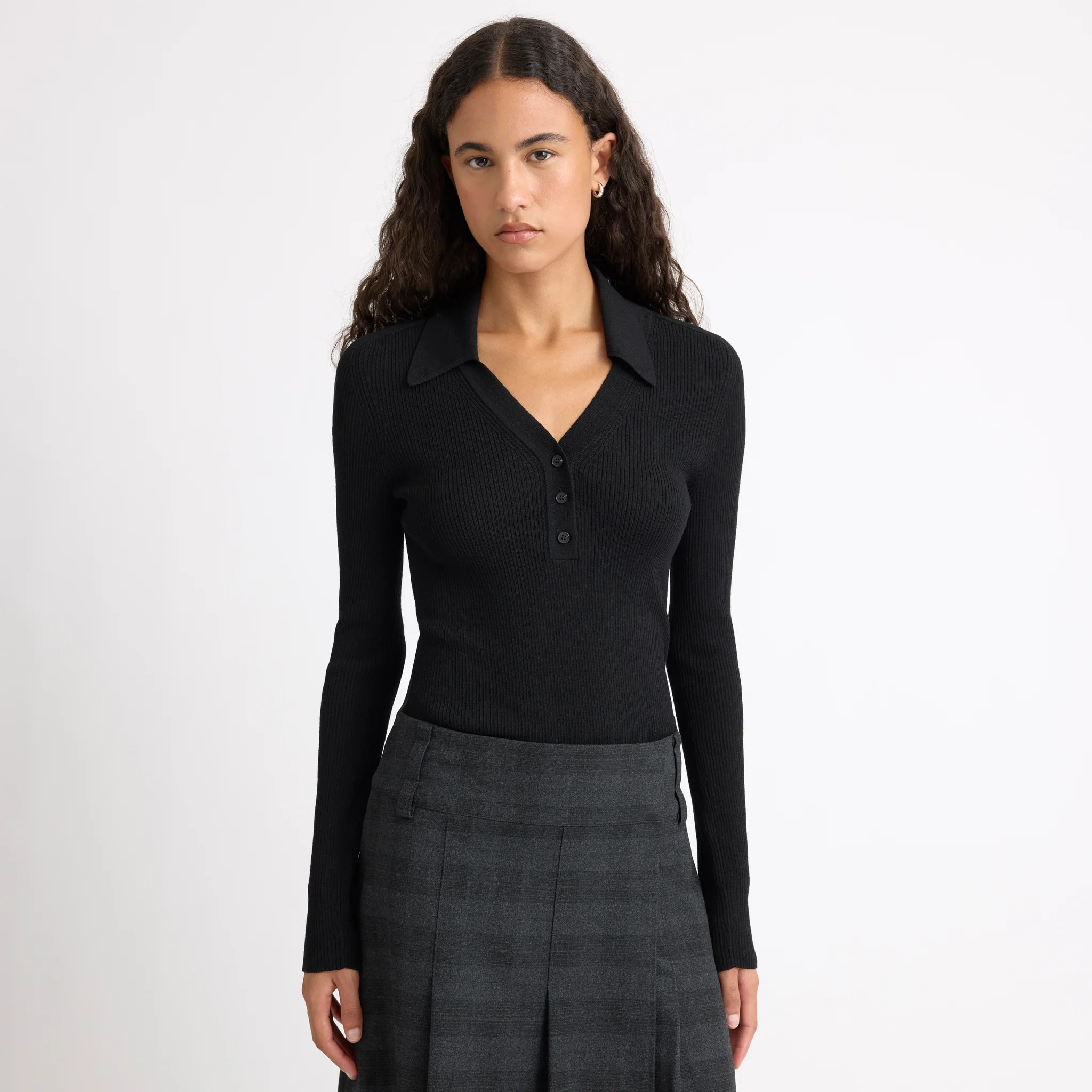 Black Rib V Neck Top with Collar | Albaray