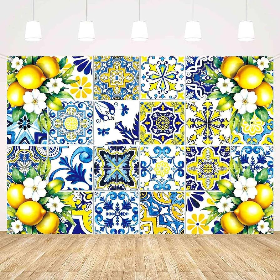 Blue Yellow Lemon Backdrop Birthday Party Decorations Summer Italian Blue Tiles Capri Lemon Theme... | Amazon (US)