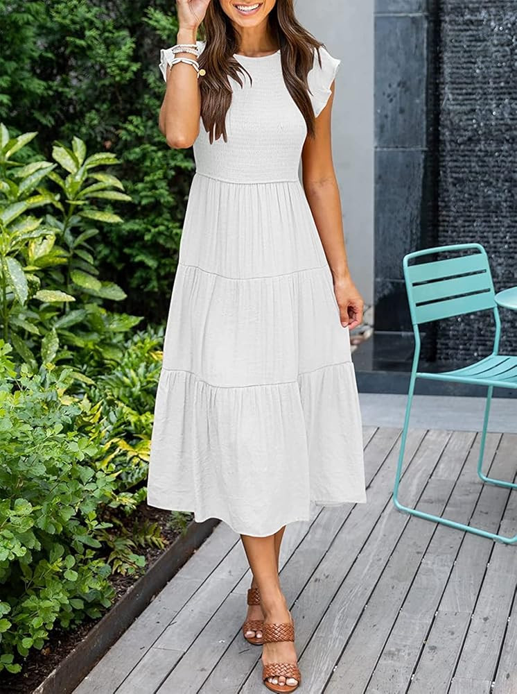 Hsqioek Women's Summer Casual Flutter Short Sleeve Smocked Midi Dress Elastic Waist Tiered A-Line Dr | Amazon (US)