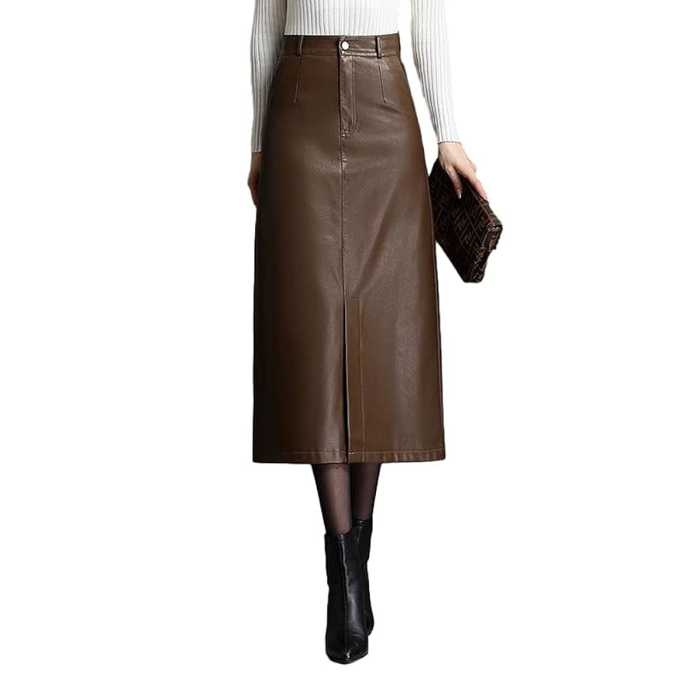 Long Leather Skirts for Women Casual High Waisted Fall Winter Bodycon Midi Skirt with Slit | Amazon (US)
