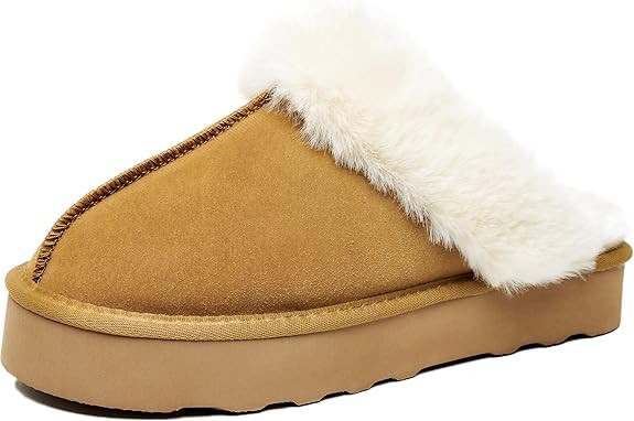 Amber Women's Winter Fur Slippers Genuine Suede Fluffy Faux Fur Memory Foam Cushion, Indoor and O... | Amazon (US)