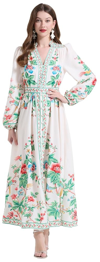 LAI MENG FIVE CATS Women's Casual Floral Print V-Neck Button up Slit Maxi Dress | Amazon (US)