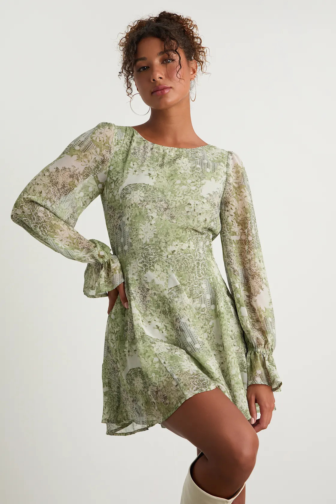 Kivah Green Boho Print Long Sleeve Mini Dress | Lulus